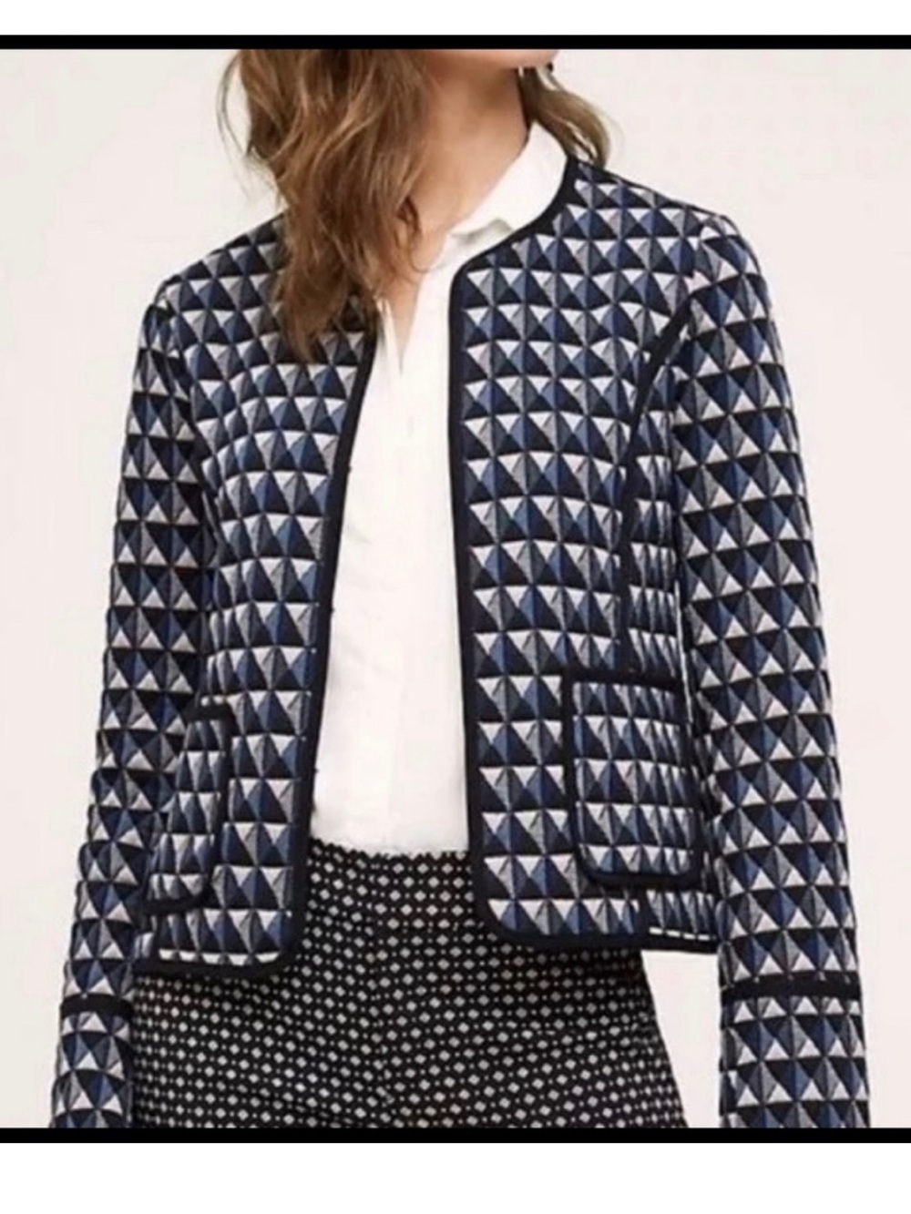 Anthropologie Hei Hei Vala Quilted Jacket Medium L Knit Blazer Geometric Blue